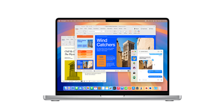 Demostración de apps como Microsoft PowerPoint y Mensajes en una MacBook Pro con chip M4.