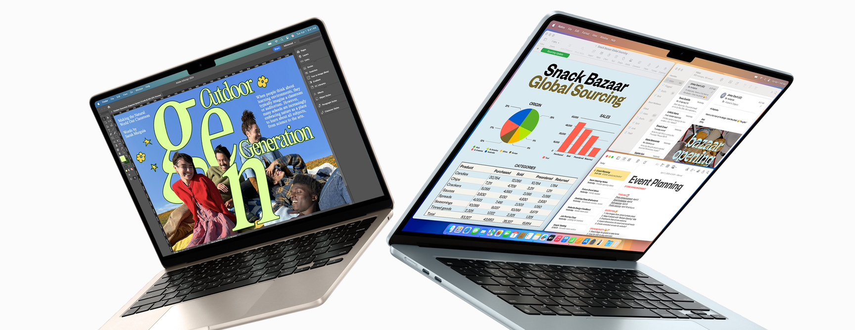 Partially open 13-inch and 15-inch MacBook Air — one screen shows design work in progress, the other shows multitasking across email and spreadsheets
