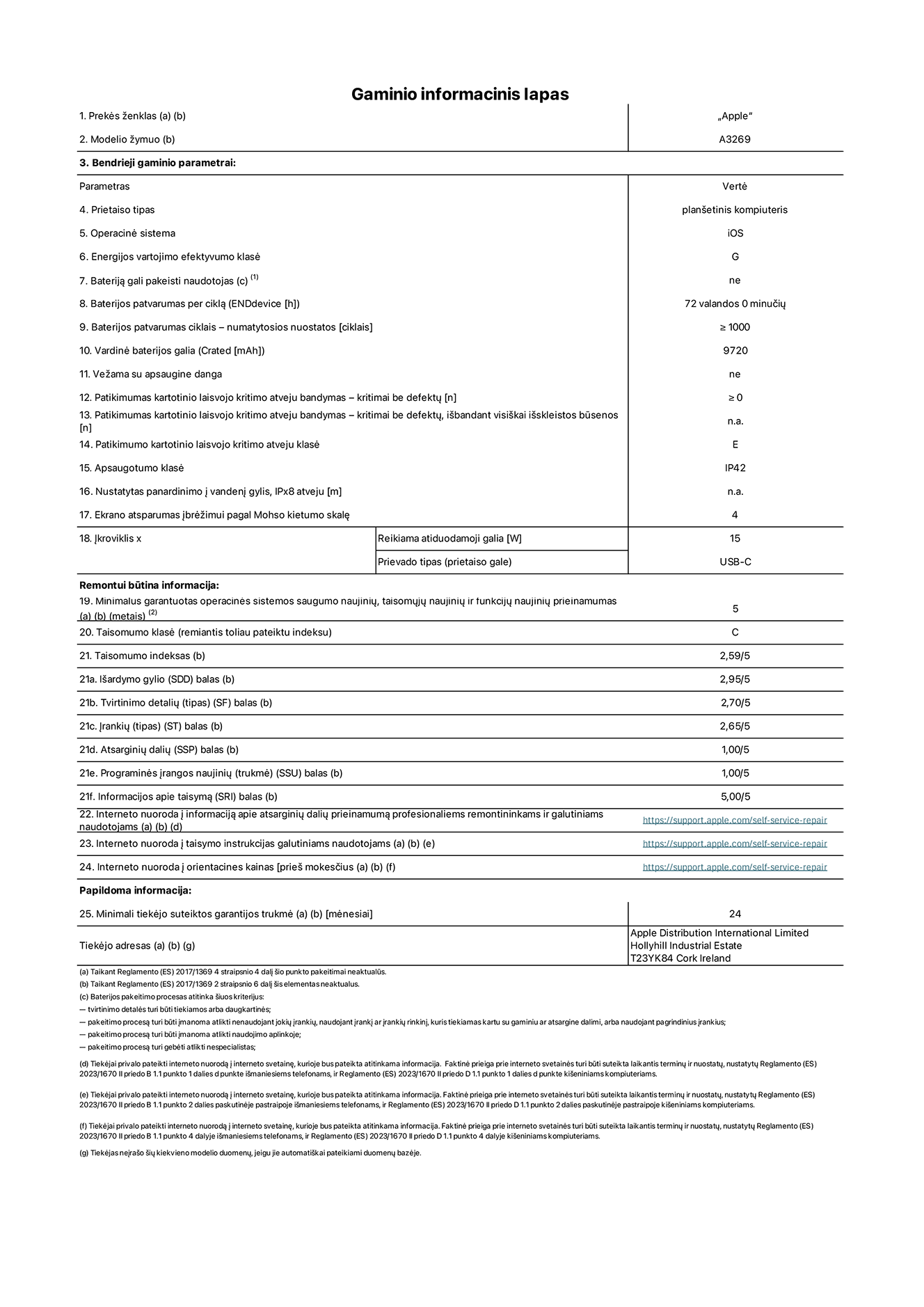 Gaminio informacinis lapas, 13 colių „iPad Air Wi-Fi plus Cellular“. Modelis A3269. Pateikė „Apple UK Ltd“, 100 New Bridge Street, Londonas EC4V 6JA. Prietaiso tipas: planšetinis kompiuteris. Operacinė sistema: „iOS“. Standartinio dinaminio diapazono energijos vartojimo efektyvumo klasė: G. Baterijos patvarumas: 72 valandos. Baterijos patvarumas ciklais: ≥ 1 000. Vardinė baterijos galia: 9 720 mAh. Patikimumo testas kartotinio laisvojo kritimo atveju – kritimai be defektų: ≥ 0. Patikimumo kartotinio laisvojo kritimo atveju klasė: E. Apsaugotumo klasė: IP42. Ekrano atsparumas įbrėžimui pagal Mohso kietumo skalę: 4. Įkroviklio reikiama atiduodamoji galia: 15 W. Įkroviklio prievado tipas: USB-C. Minimalus garantuotas operacinės sistemos saugumo naujinių, taisomųjų naujinių ir funkcijų naujinių prieinamumas: 5 metai. Taisomumo klasė: C. Taisomumo indeksas: 2,59/5. Išardymo gylio balas: 2,95/5. Tvirtinimo detalių (tipo) balas: 2,70/5. Įrankių balas: 2,65/5. Atsarginių dalių balas: 1,00/5. Programinės įrangos naujinių balas: 1,00/5. Informacijos apie taisymą balas: 5,00/5. Interneto nuoroda į informaciją apie atsarginių dalių prieinamumą profesionaliems remontininkams ir galutiniams naudotojams: https://ancillary-proxy.atarimworker.io?url=https%3A%2F%2Fsupport.apple.com%2Fself-service-repair. Interneto nuoroda į taisymo instrukcijas galutiniams naudotojams: https://ancillary-proxy.atarimworker.io?url=https%3A%2F%2Fsupport.apple.com%2Fself-service-repair. Nuoroda į orientacines kainas prieš mokesčius: https://ancillary-proxy.atarimworker.io?url=https%3A%2F%2Fsupport.apple.com%2Fself-service-repair. Siūloma 24 mėnesių bendroji garantija.