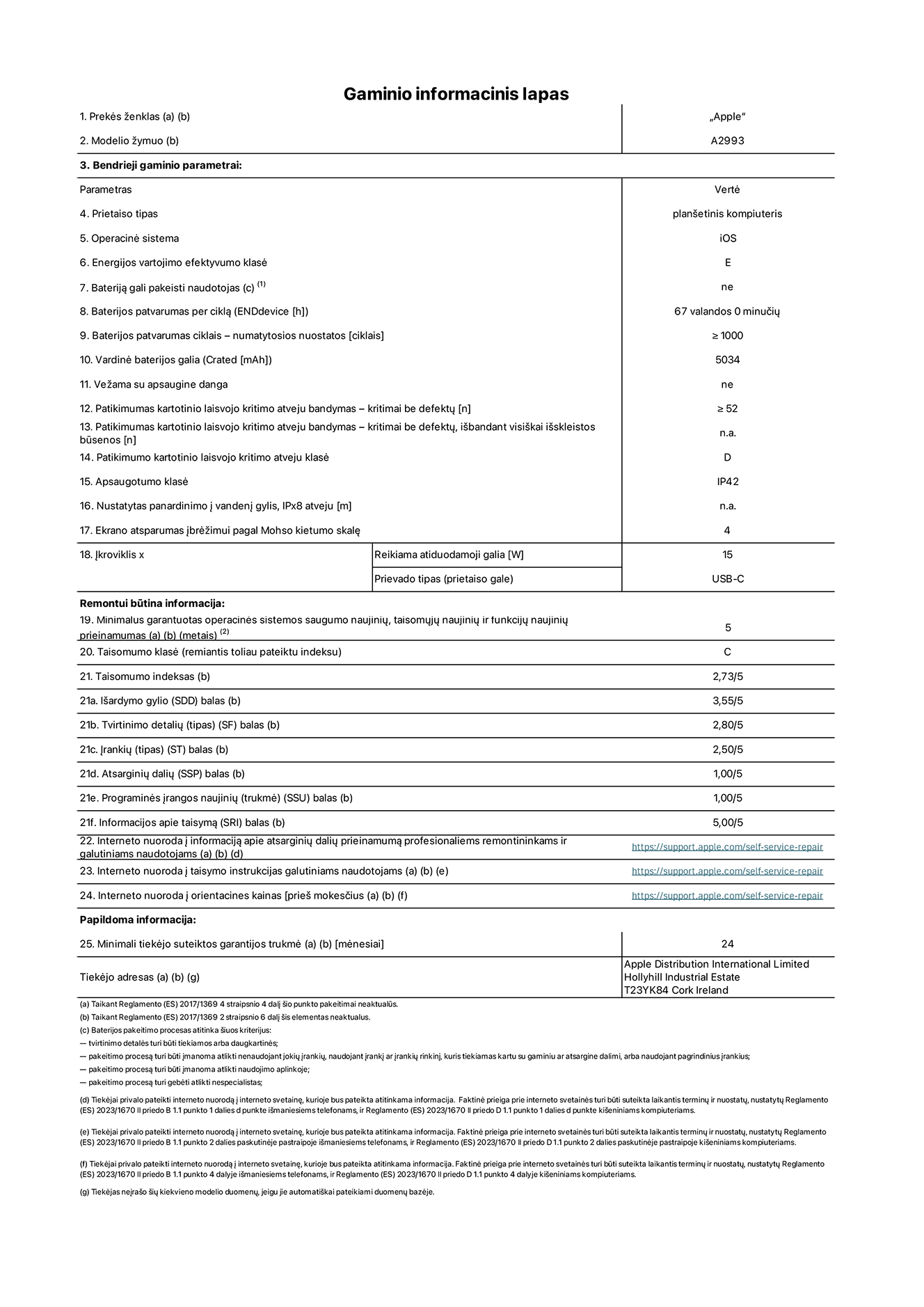Gaminio informacinis lapas, „iPad mini Wi-Fi“, modelis A2993. Pateikė „Apple Distribution International Ltd“, „Hollyhill Industrial Estate“. Korkas, Airija T23 YK84. Prietaiso tipas: planšetinis kompiuteris. Operacinė sistema: „iOS“. Energijos vartojimo efektyvumo klasė: E. Bateriją gali pakeisti naudotojas: ne. Baterijos patvarumas: 67 valandos. Baterijos patvarumas ciklais: didesnis arba lygus 1 000. Vardinė baterijos galia: 5 034 mAh. Patikimumo testas kartotinio laisvojo kritimo atveju – kritimai be defektų: didesnis arba lygus 52. Patikimumo kartotinio laisvojo kritimo atveju klasė: D. Apsaugotumo klasė: IP42. Ekrano atsparumas įbrėžimui pagal Mohso kietumo skalę: 4. Įkroviklio reikiama atiduodamoji galia: 15 W. Įkroviklio prievado tipas: USB-C. Minimalus garantuotas operacinės sistemos saugumo naujinių, taisomųjų naujinių ir funkcijų naujinių prieinamumas: 5 metai. Taisomumo klasė: C. Taisomumo indeksas: 2,73/5. Išardymo gylio balas: 3,55/5. Tvirtinimo detalių balas: 2,80/5. Įrankių balas: 2,50/5. Atsarginių dalių balas: 1,00/5. Programinės įrangos naujinių balas: 1,00/5. Informacijos apie taisymą balas: 5,00/5. Interneto nuoroda į informaciją apie atsarginių dalių prieinamumą profesionaliems remontininkams ir galutiniams naudotojams: https://ancillary-proxy.atarimworker.io?url=https%3A%2F%2Fsupport.apple.com%2Fself-service-repair. Interneto nuoroda į taisymo instrukcijas galutiniams naudotojams: https://ancillary-proxy.atarimworker.io?url=https%3A%2F%2Fsupport.apple.com%2Fself-service-repair. Nuoroda į orientacines kainas prieš mokesčius: https://ancillary-proxy.atarimworker.io?url=https%3A%2F%2Fsupport.apple.com%2Fself-service-repair. Siūloma 24 mėnesių bendroji garantija.
