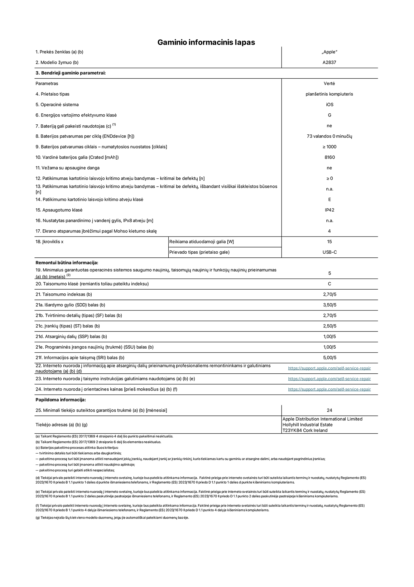 Gaminio informacinis lapas, 11 colių „iPad Pro Wi-Fi + Cellular“, modelis A2837. Pateikė „Apple Distribution International Ltd“, „Hollyhill Industrial Estate“. Korkas, Airija T23 YK84. Prietaiso tipas: planšetinis kompiuteris. Operacinė sistema: „iOS“. Energijos vartojimo efektyvumo klasė: G. Bateriją gali pakeisti naudotojas: ne. Baterijos patvarumas: 73 valandos. Baterijos patvarumas ciklais: ≥ 1 000. Vardinė baterijos galia: 8 160 mAh. Patikimumo testas kartotinio laisvojo kritimo atveju – kritimai be defektų: ≥ 0. Patikimumo kartotinio laisvojo kritimo atveju klasė: E. Apsaugotumo klasė: IP42. Ekrano atsparumas įbrėžimui pagal Mohso kietumo skalę: 4. Įkroviklio reikiama atiduodamoji galia: 15 W. Įkroviklio prievado tipas: USB-C. Minimalus garantuotas operacinės sistemos saugumo naujinių, taisomųjų naujinių ir funkcijų naujinių prieinamumas: 5 metai. Taisomumo klasė: C. Taisomumo indeksas: 2,70/5. Išardymo gylio balas: 3,50/5. Tvirtinimo detalių balas: 2,70/5. Įrankių balas: 2,50/5. Atsarginių dalių balas: 1,00/5. Programinės įrangos naujinių balas: 1,00/5. Informacijos apie taisymą balas: 5,00/5. Interneto nuoroda į informaciją apie atsarginių dalių prieinamumą profesionaliems remontininkams ir galutiniams naudotojams: https://ancillary-proxy.atarimworker.io?url=https%3A%2F%2Fsupport.apple.com%2Fself-service-repair. Interneto nuoroda į taisymo instrukcijas galutiniams naudotojams: https://ancillary-proxy.atarimworker.io?url=https%3A%2F%2Fsupport.apple.com%2Fself-service-repair. Nuoroda į orientacines kainas prieš mokesčius: https://ancillary-proxy.atarimworker.io?url=https%3A%2F%2Fsupport.apple.com%2Fself-service-repair. Siūloma 24 mėnesių bendroji garantija.
