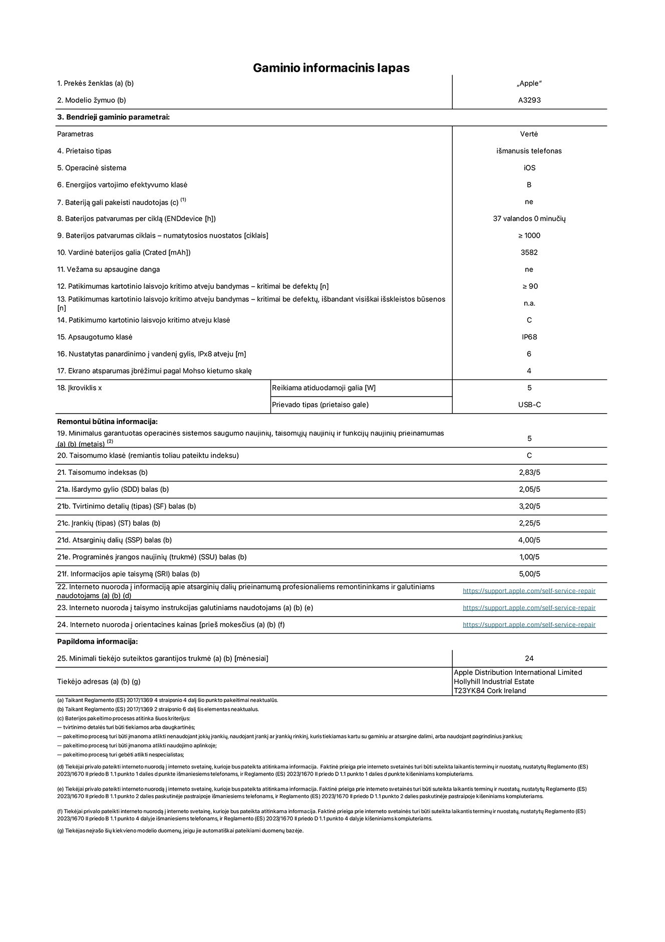 Gaminio informacinis lapas, „iPhone 16 Plus“, modelis A3293. Pateikė „Apple Distribution International Limited“, „Hollyhill Industrial Estate“. Korkas, Airija T23 YK84. Prietaiso tipas: išmanusis telefonas. Operacinė sistema: „iOS“. Energijos vartojimo efektyvumo klasė: B. Bateriją gali pakeisti naudotojas: ne. Baterijos patvarumas per ciklą: 37 valandos. Baterijos patvarumas ciklais – numatytosios nuostatos: ≥ 1 000. Vardinė baterijos galia: 3 582 mAh. Vežama su apsaugine danga: ne. Patikimumo testas kartotinio laisvojo kritimo atveju – kritimai be defektų: ≥ 90. Patikimumo testas kartotinio laisvojo kritimo atveju – kritimai be defektų, išbandant visiškai išskleistos būsenos: netaikoma. Patikimumo kartotinio laisvojo kritimo atveju klasė: C. Apsaugotumo klasė: IP68. Nustatytas panardinimo į vandenį gylis, IPx8 atveju: 6. Ekrano atsparumas įbrėžimui pagal Mohso kietumo skalę: 4. Įkroviklio reikiama atiduodamoji galia: 5 W. Įkroviklio prievado tipas (prietaiso gale): USB-C. Minimalus garantuotas operacinės sistemos saugumo naujinių, taisomųjų naujinių ir funkcijų naujinių prieinamumas: 5 metai. Taisomumo klasė: C. Taisomumo indeksas: 2,83/5. Išardymo gylio (SDD) balas: 2,05/5. Tvirtinimo detalių balas: 3,20/5. Įrankių balas: 2,25/5. Atsarginių dalių balas: 4,00/5. Programinės įrangos naujinių balas: 1,00/5. Informacijos apie taisymą balas: 5,00/5. Interneto nuoroda į informaciją apie atsarginių dalių prieinamumą profesionaliems remontininkams ir galutiniams naudotojams: https://ancillary-proxy.atarimworker.io?url=https%3A%2F%2Fsupport.apple.com%2Fself-service-repair. Interneto nuoroda į taisymo instrukcijas galutiniams naudotojams: https://ancillary-proxy.atarimworker.io?url=https%3A%2F%2Fsupport.apple.com%2Fself-service-repair. Nuoroda į orientacines kainas prieš mokesčius: https://ancillary-proxy.atarimworker.io?url=https%3A%2F%2Fsupport.apple.com%2Fself-service-repair. Siūloma 24 mėnesių bendroji garantija.