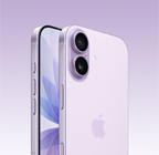 „iPhone 17“, levandų spalvos, priekis, kampuota nugarėlė, „Dual Fusion“ kamerų sistema viršutiniame kairiajame kampe, kameros valdymo mygtukas, priekis su visą ekraną užimančiu dizainu, veiksmo, garsumo ir šoniniai mygtukai