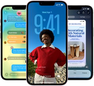 Trīs iPhone 17e, kuru ekrānos darbojas Messages aplikācija ar Liquid Glass dizainu, dinamisks bloķēšanas ekrāns un vizuālā intelekta funkcija