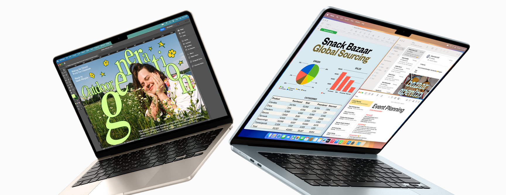 Daļēji atvērti 13 collu un 15 collu MacBook Air – vienā ekrānā redzami iesākti dizaina darbi, bet otrā redzamas izklājlapas un e-pasti
