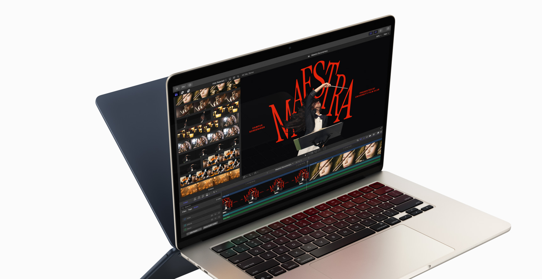 MacBook Air ekrānā redzama video apstrāde ar Final Cut Pro, lai demonstrētu M4 čipa iespējas, – aiz pirmā datora redzama otra MacBook Air aizmugure, kas izskatās pēc spoguļattēla