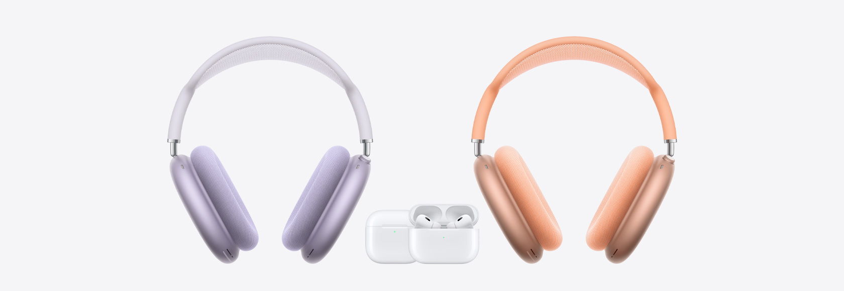 AirPods Max pa kreisi un pa labi, bet vidū AirPods 4 un AirPods Pro 2.