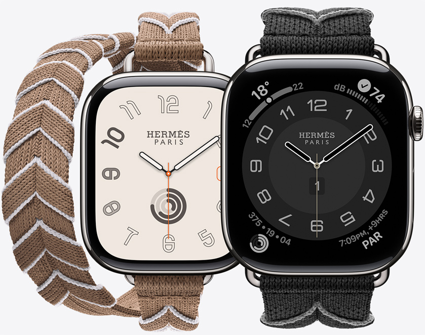 Front view of the continuous knit Bridon Attelage Double Tour and Bridon Single Tour bands in Beige de Weimar/Blanc (beige/white) and Noir/Gris (black/gray) with the Hermès Radial watch face and Hermès Circulaire watch face.