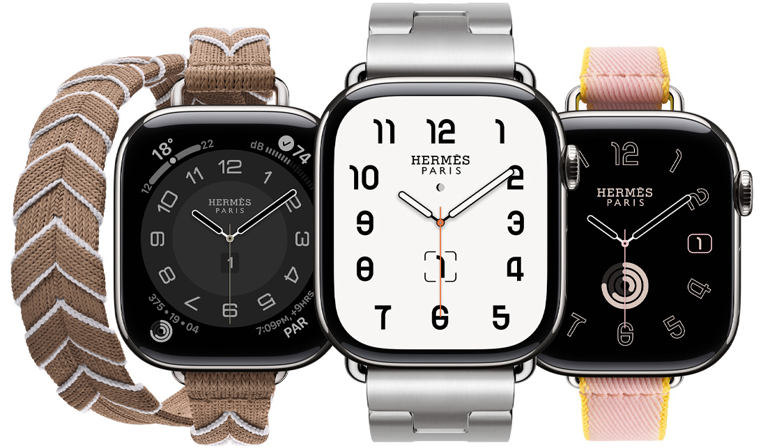 Apple Watch Hermès Series 10, three side-by-side with bands: Bridon Attelage Double Tour, Grand H, Twill Jump Single Tour