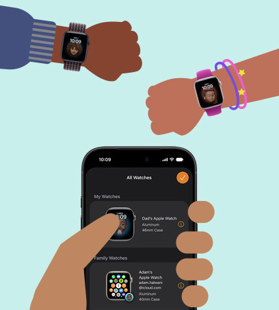 Apple Watch for Your Kids, cartoon illustration of kids' wrists wearing Apple Watch SE 3 paired to iPhone in parent's hand