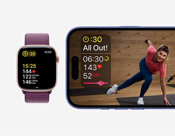 An Apple Fitness+ workout with time, heart rate, and calories burned metrics on an iPhone next to an Apple Fitness+ workout showing the same metrics on an Apple Watch Series 10.