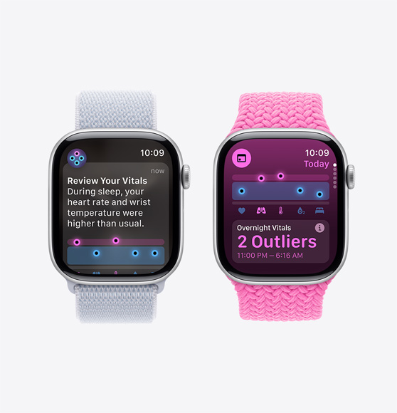A review your vitals notification on an Apple Watch Series 10 and the Vitals app showing overnight vitals with two outliers on an Apple Watch Series 10.