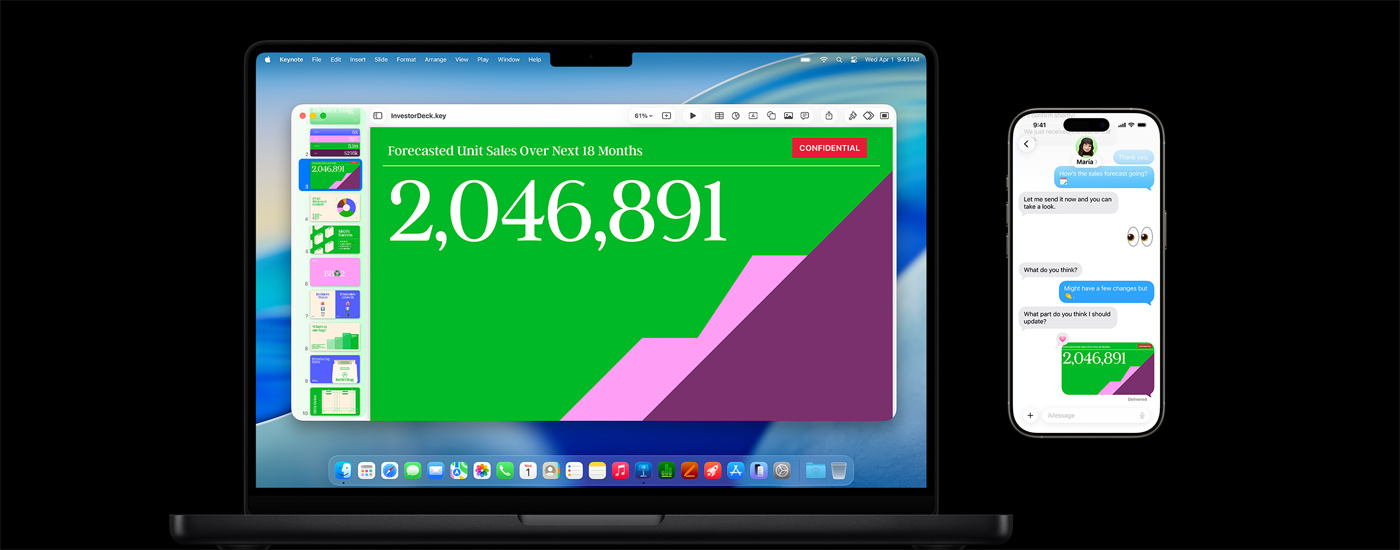جهاز&nbsp;Mac يُظهر عرضاً تقديمياً وخلفية لنظام&nbsp;macOS&nbsp;Tahoe. يظهر أمام&nbsp;Mac جهاز&nbsp;iPhone يعرض العرض التقديمي ذاته ضمن محادثة&nbsp;نصية.