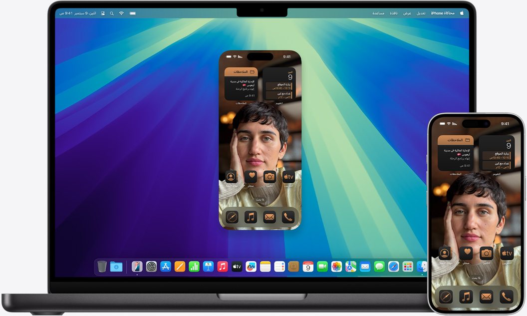 الرسائل نفسها مفتوحة على كل من MacBook Pro‏ وiPhone 16‏.