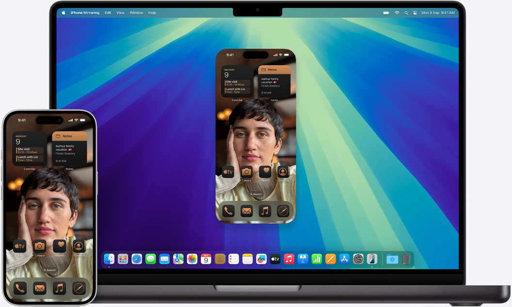 The same messages open on both MacBook Pro and iPhone 16.
