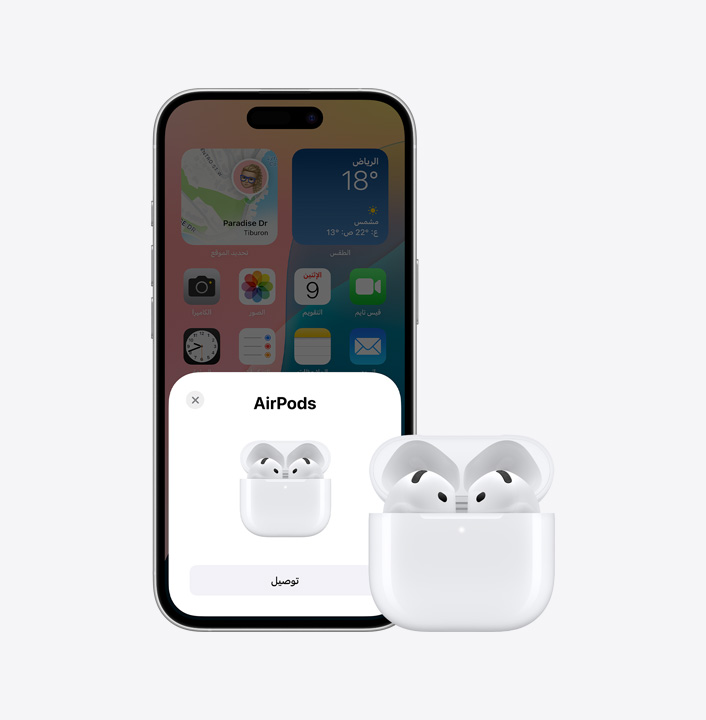 جهاز iPhone 16 معروض إلى جانب زوج من سماعات Airpods‏