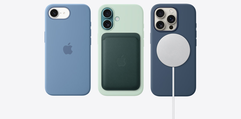 iPhone 16e and iPhone 16 lineup with accessories like various silicone cases and MagSafe Charger.