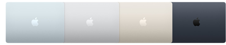 السطح الخارجي لأربعة موديلات من جهاز MacBook Air يبيّن أربعة ألوان مختلفة