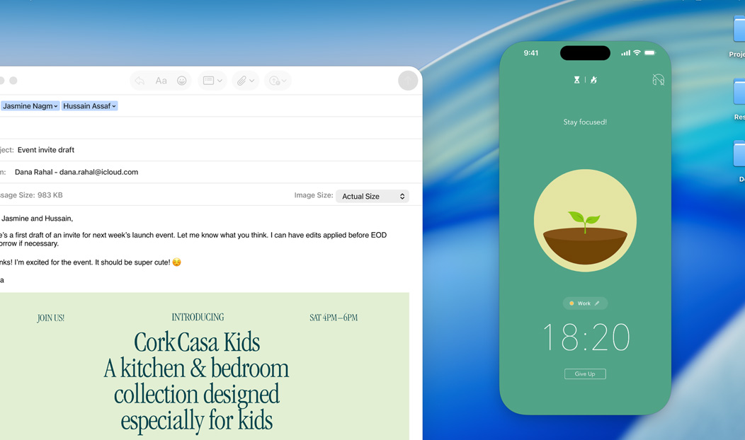 MacBook Pro, Mail app open, iPhone screen mirrored on MacBook Pro screen shows Forest app
