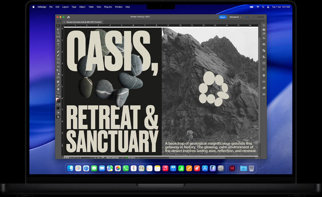 Screen of MacBook Pro of Adobe InDesign being used to make a poster for a retreat