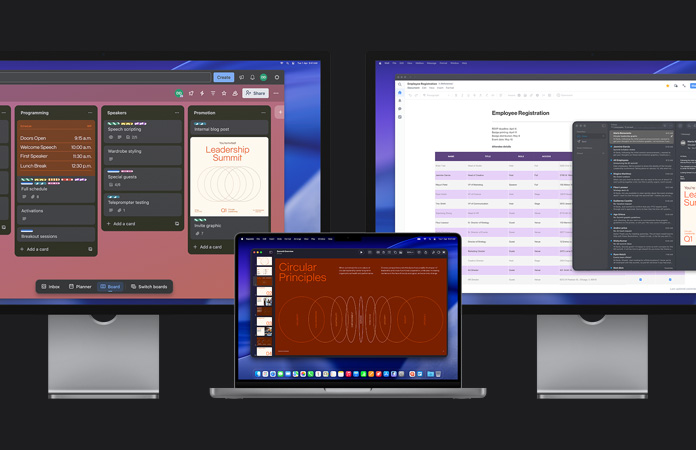MacBook Pro with two Studio Display monitors, screens indicate preparation for a leadership summit, tracking tasks in the app Trello, preparing a presentation, and reviewing design files via email