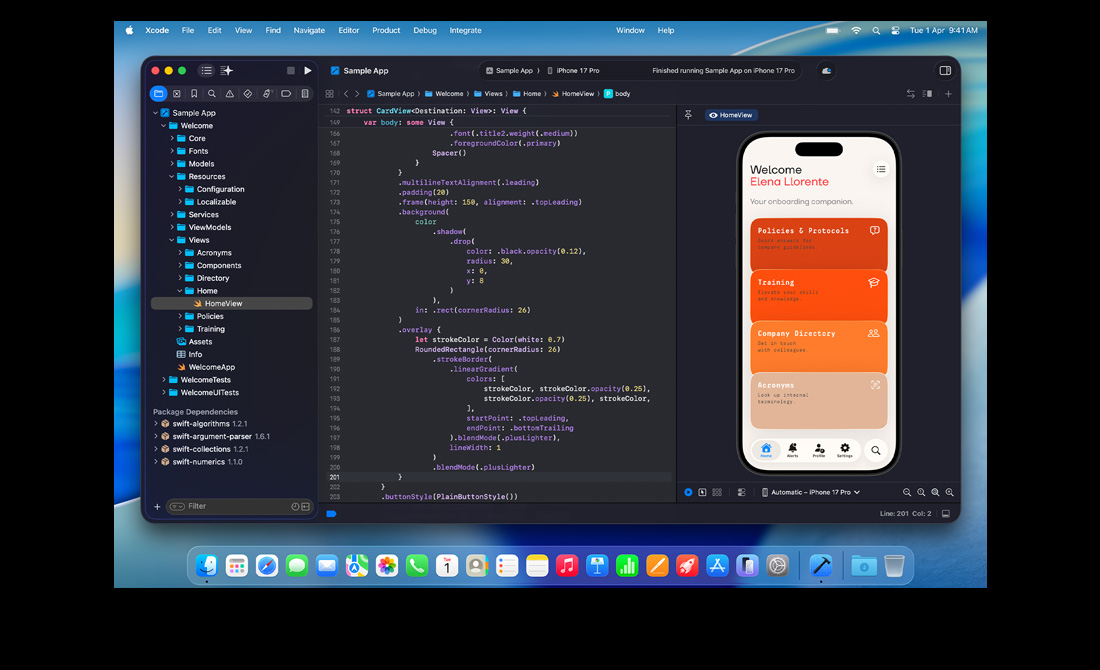 MacBook Pro screen showing a person coding an app for a multilingual hackathon in Xcode