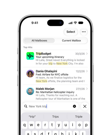 iPhone 18 Pro, Silver, screen showing selection of emails retrieved from search term New York City trip