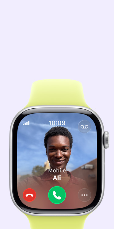 Apple Watch Series 11, aluminum case, Space Gray color, incoming call, contact photo, accept and decline call buttons, right side exterior, Digital Crown, Sport Band, neon yellow color