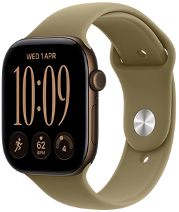 Apple Watch Series 12，深古銅色鋁金屬錶殼，配搭橄欖色 (泥綠色) 運動錶帶，配以收入式鈕扣 (銀色鈕扣)，機身右側有數碼錶冠、咪高風和側邊按鈕