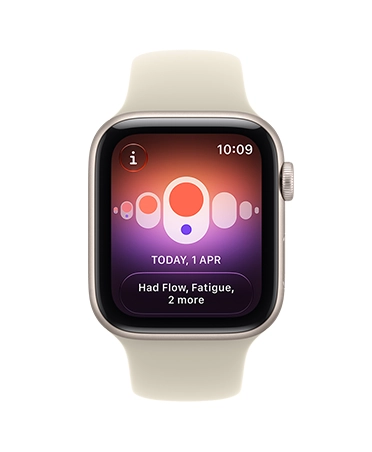 Apple Watch SE 3，星光色鋁金屬錶殼，配搭沙色 (淺杏啡色) 運動錶帶，螢幕顯示健康追蹤功能 (經期追蹤)，機身右側有數碼錶冠