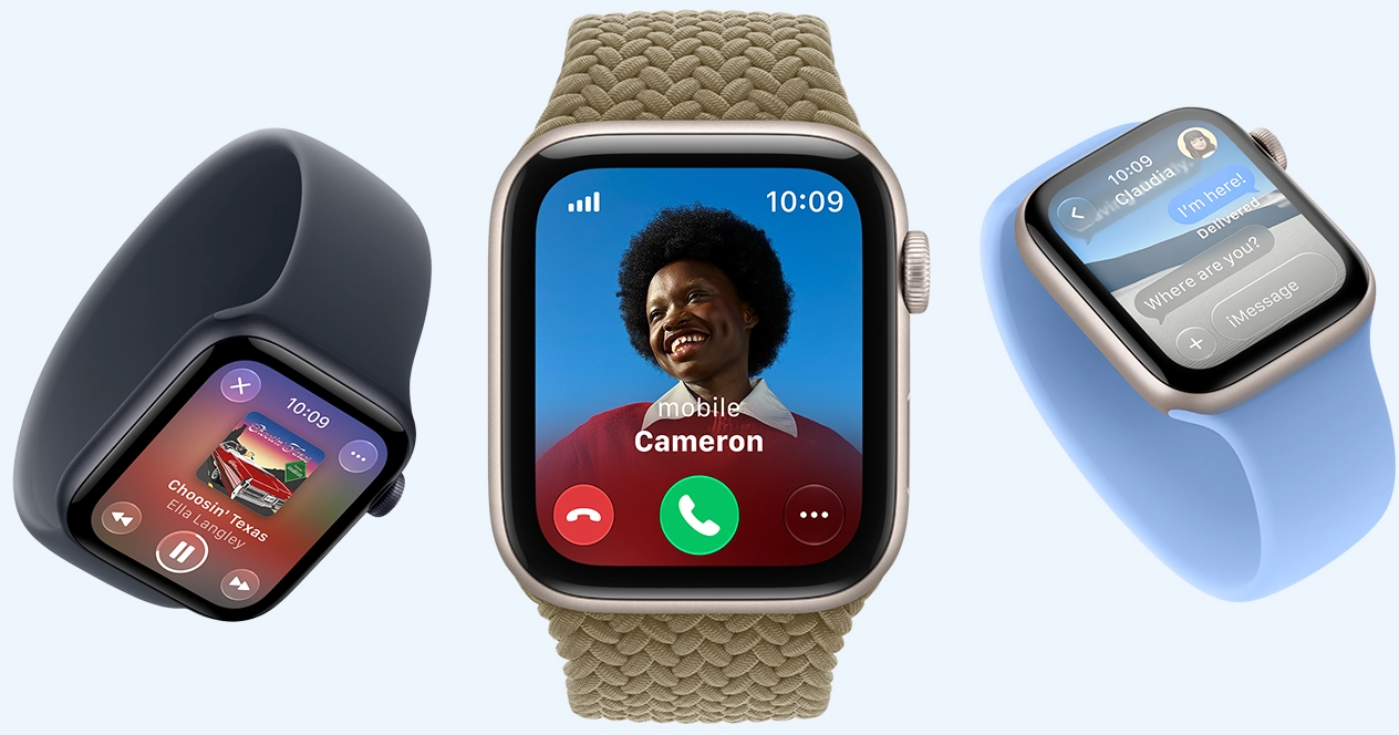 多隻 Apple Watch SE 3 裝置，螢幕分別顯示 Apple Music、來電和訊息 app；鋁金屬錶殼分別為星光色及午夜暗色，配搭海軍藍色單圈手環、野花藍色單圈手環，以及橄欖色 (泥綠色) 編織單圈手環