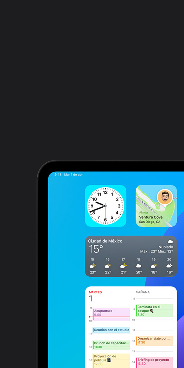 Funcionalidad VoiceOver en la pantalla de un iPad Pro que muestra el widget de la app Clima con la salida de audio: “Clima, Ciudad de México 15 grados”