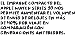El empaque compacto del Apple Watch Series 10 nos permite aumentar el volumen de envío de relojes en más de 40% por viaje en comparación con generaciones anteriores.