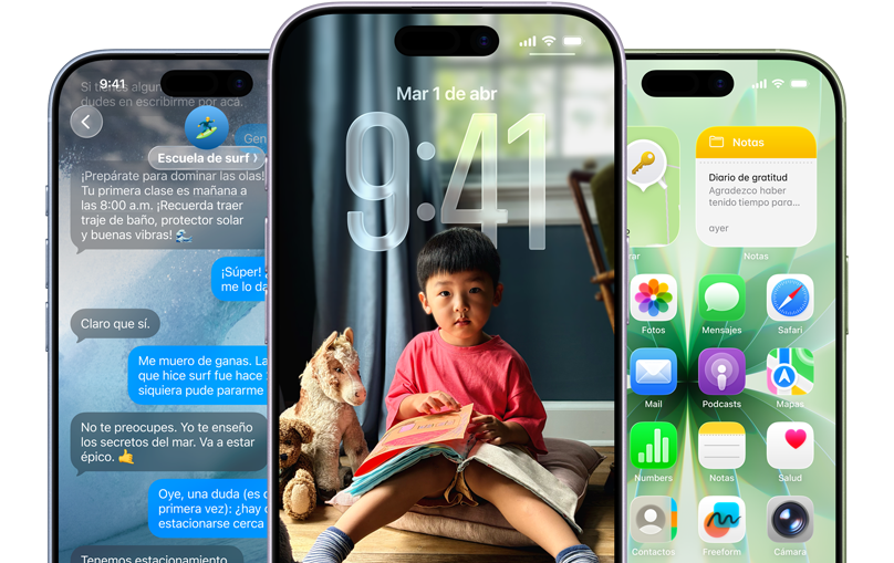 Dispositivos iPhone 17, parte frontal, colores: azul neblina, lavanda, salvia, funcionalidades de iOS - Fondo con mensajes, Liquid Glass muestra la pantalla de inicio y la pantalla bloqueada con varias apps