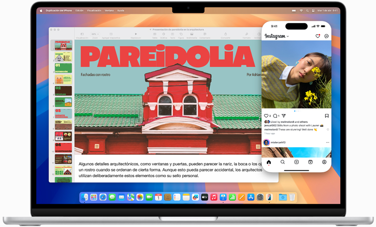 Demostración de la app Duplicación del iPhone, con la pantalla de un iPhone que aparece en la pantalla de una MacBook Air