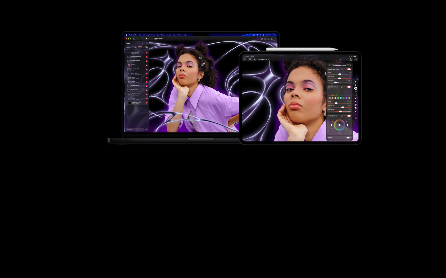 Imagen de una persona con trenzas y un suéter morado, fondo abstracto estilizado, una MacBook Pro de 16 pulgadas y un iPad Pro de 13 pulgadas se mueven con la imagen, las pantallas muestran el espacio de trabajo de Pixelmator Pro con el panel de capas al costado, edición de imágenes
