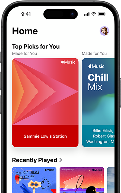Apple Music Home tab screen on iPhone, Top Picks for You carousel showing Jenny Court’s personalised stations and playlists