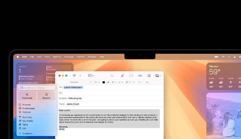 Mac desktop with a business email featuring an Apple Intelligence prompt. Behind the email window is the Calendar widget.