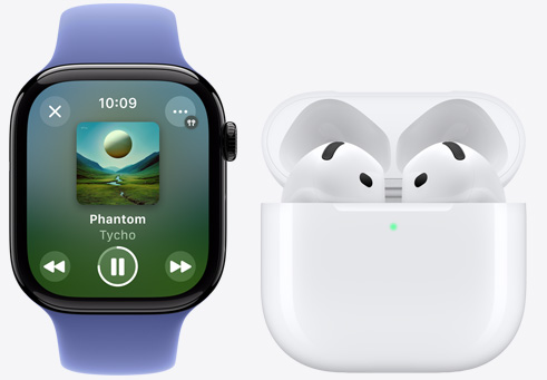 Apple Watch Series 10 playing a song next to AirPods 4.