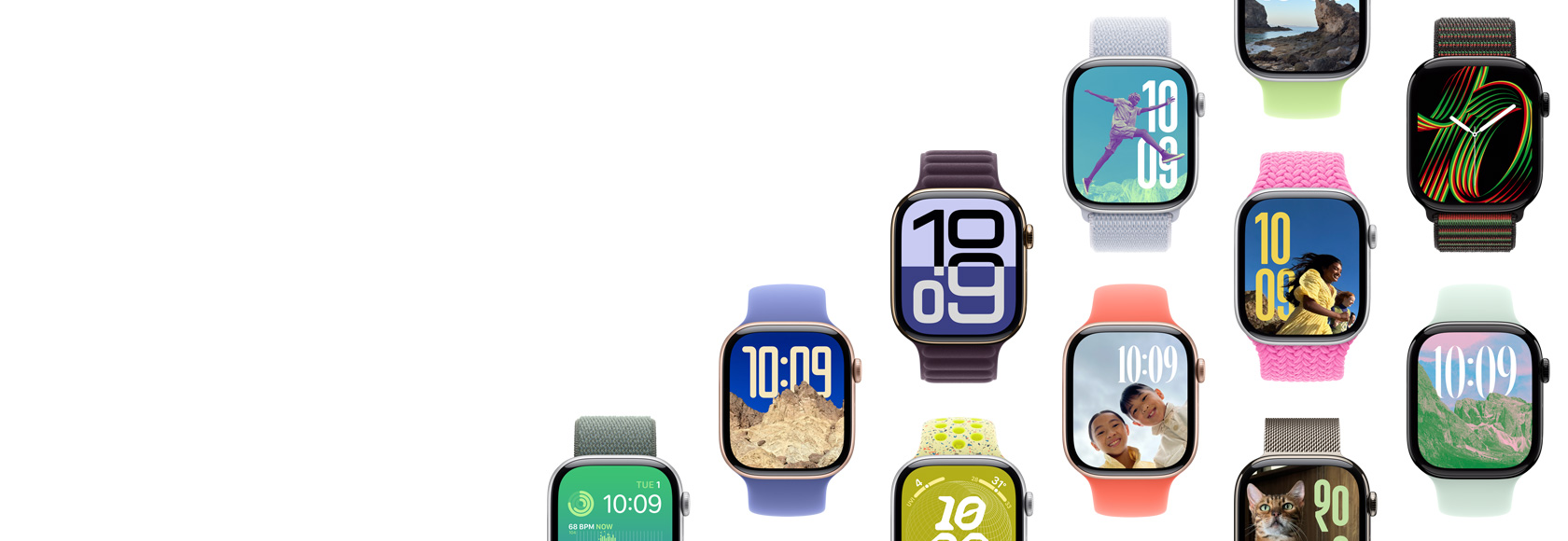Multiple different case, band, and watch face combinations to show the possibilities.