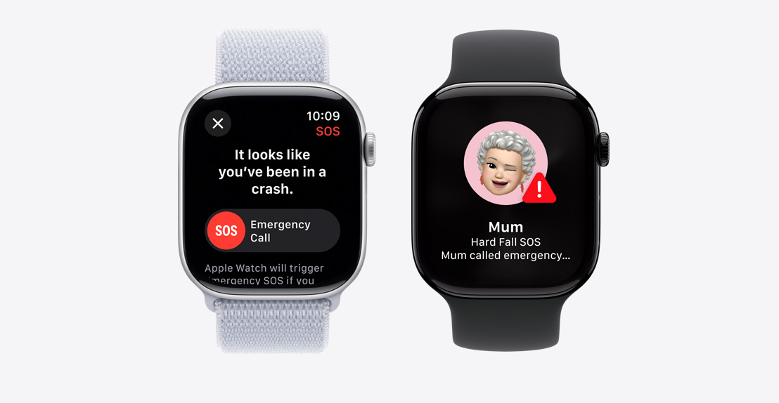 Two Apple Watch Series 10. The first shows a Crash Detection notification screen with an Emergency Call button. The second shows a notification screen indicating that "Mum" took a hard fall and has called emergency services.