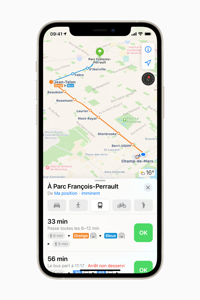 Trajet en train en temps réel dans Plans sur iPhone 12.