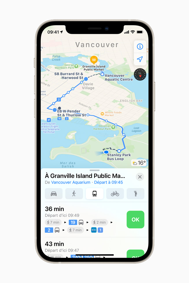 Informations en temps réel sur les transports en commun dans Plans sur iPhone 12.