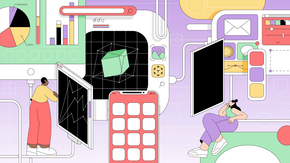 Illustration de personnes utilisant des apps sur des appareils Apple.