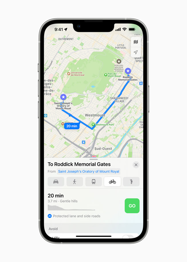 Itinéraire cyclable dans Plans sur iPhone 13 Pro.