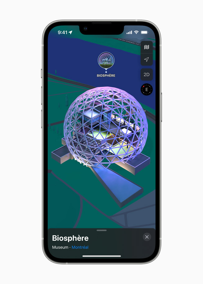 Une carte 3D de la Biosphère de Montréal de nuit sur iPhone 13 Pro.