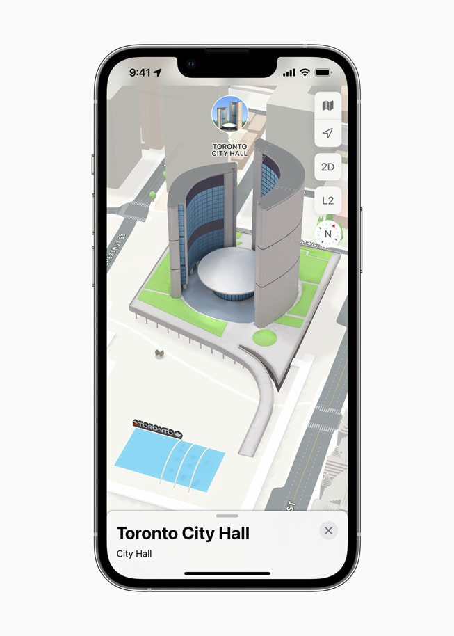 Une carte 3D montrant l’hôtel de ville de Toronto de jour sur iPhone 13 Pro.