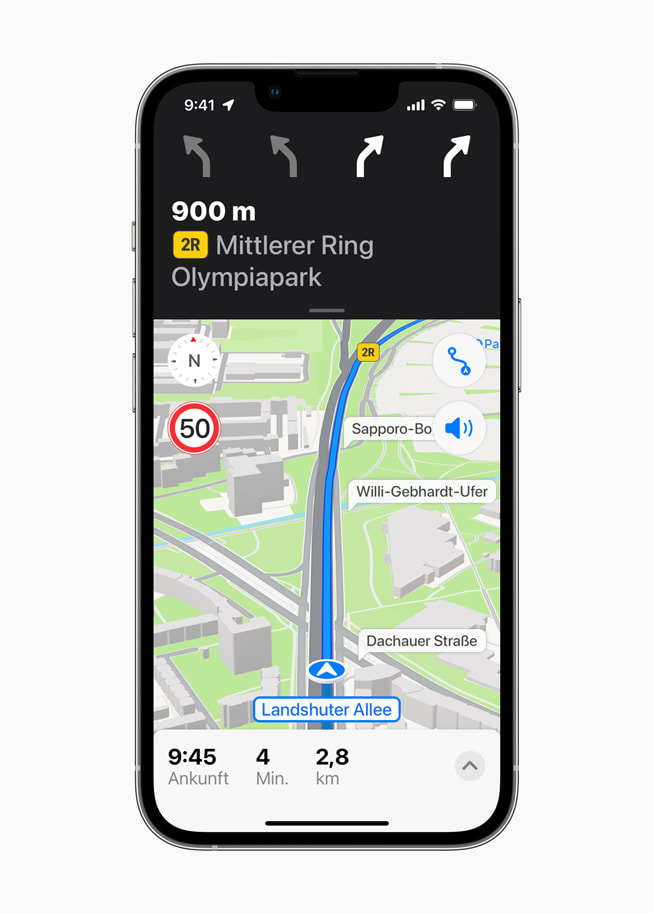 Karten auf dem iPhone mit einer Wegbeschreibung in Deutschland auf dem Mittleren Ring am Olympiapark.