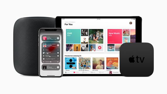L'enceinte HomePod, un iPad, un iPhone et une Apple TV disposés les uns à côté des autres.