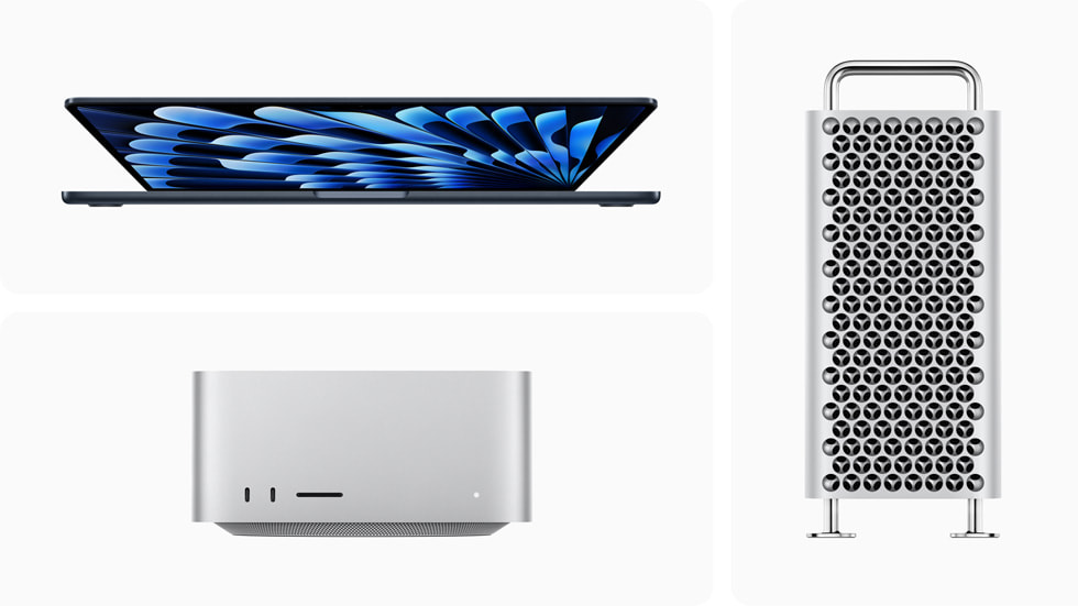 Den nye 15" MacBook Air, Mac Studio og Mac Pro vises.